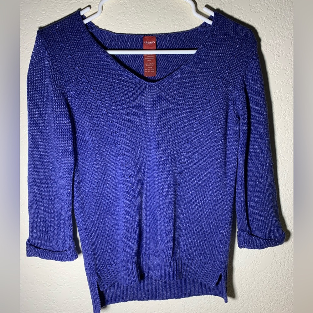 Olsen Europe Blue Knit V-Neck 3/4 Sleeve Sweater XS/4